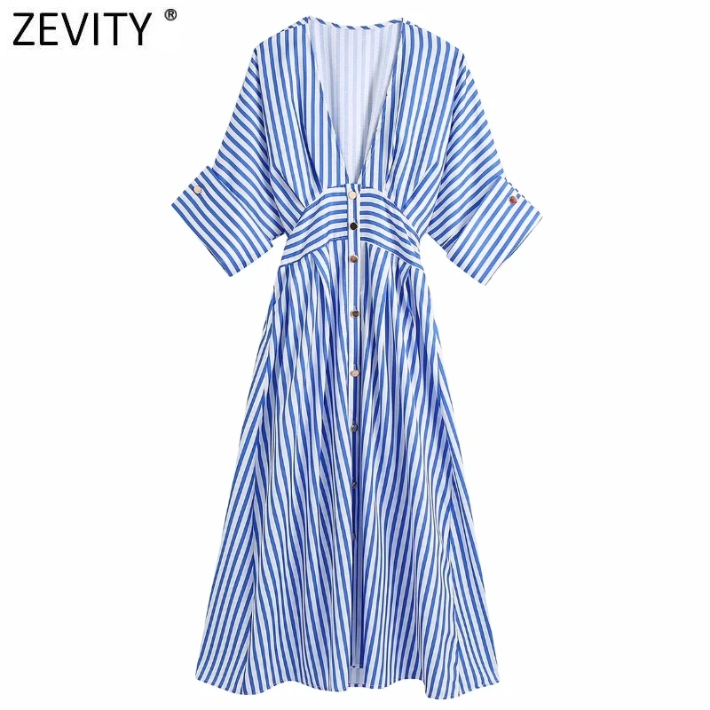 

Женское винтажное кимоно ZEVITY, однобортное платье-рубашка средней длины в полоску с V-образным вырезом, шикарное кимоно с коротким рукавом и ...