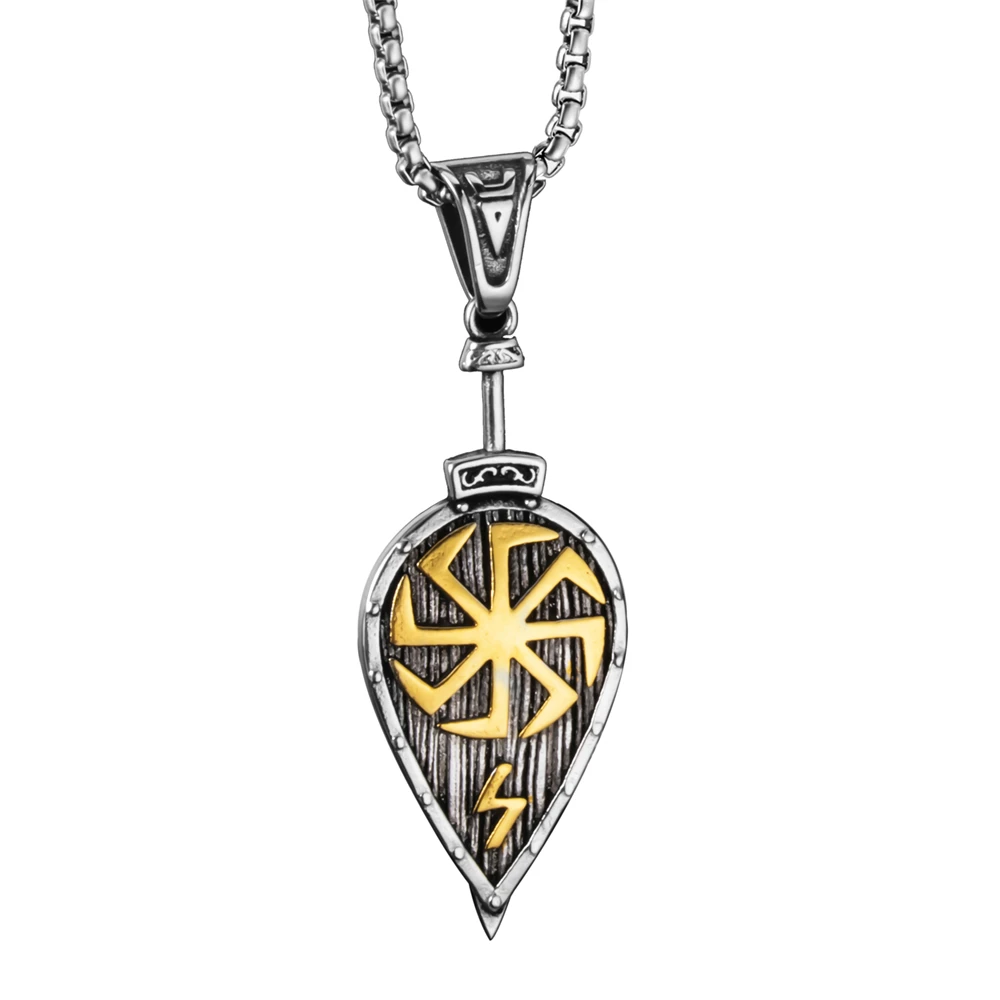 

Elfasio Stainless Steel Viking Pendant Necklace Kolovrat Shield Knot Slavic Spear Amulet Pagan Solar Symbol Wheel Nordic jewelry