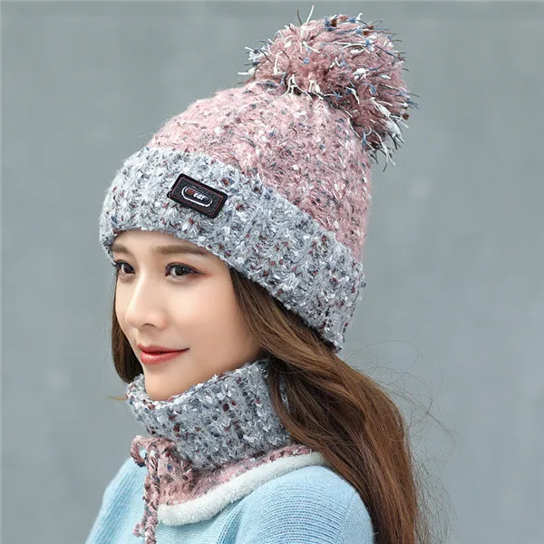 Pink 1set Женская зимняя шапка, лыжный бренд, большие Меховые помпоны, вязаные шапки, шарф, шапка, набор, зимняя женская шапка, теплая шапка Skullies, женская шапка - Цвет: Pink 1set