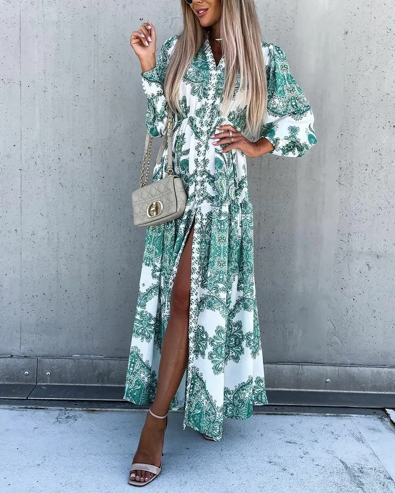 

Retro Print Lantern Sleeve Buttoned Shirt Dress Women's Fall 2021 Long Dress