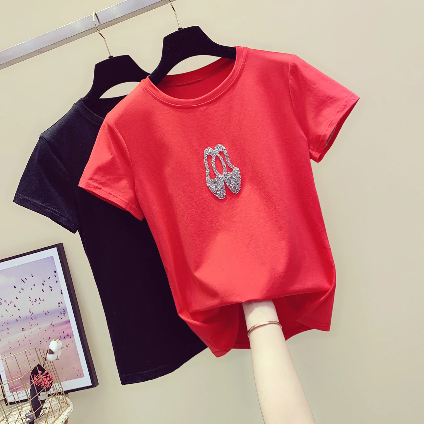 Женская футболка весна лето 2021 новая красная свободная с круглым вырезом