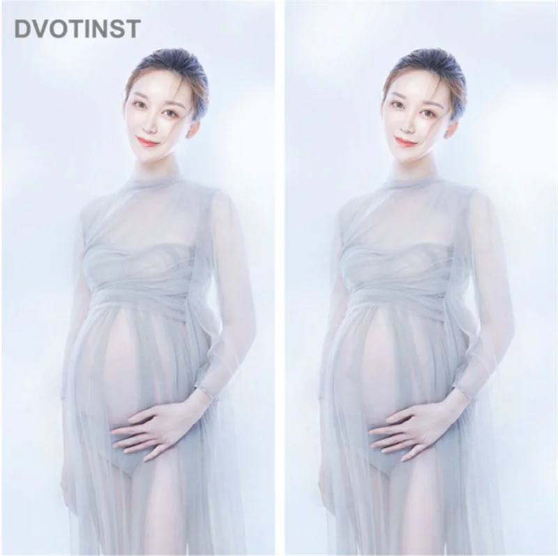 Dvotinst Women Photography Props Mesh Perspective Maternity Dresses O-Neck Full Sleeve Pregnancy Dress Studio Shoot Photo Props enlarge