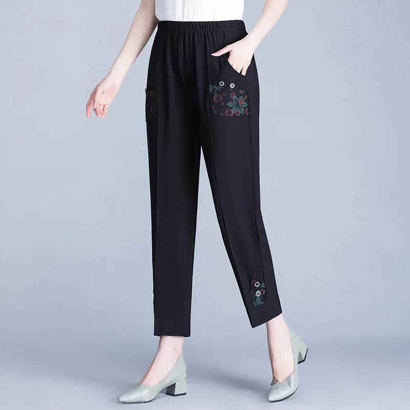 Летние брюки для женщин среднего возраста Новинка прямые с эластичной высокой