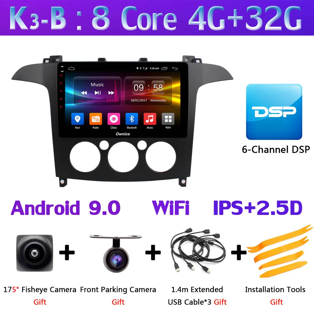 K3-B 360 ° камера 4G SIM Android 9,0 4G+ 64G gps Navi Радио CarPlay SPDIF DSP Автомобильный плеер стерео для Ford S-Max S Max 2007-2008 AT/MT - Цвет: K3-B
