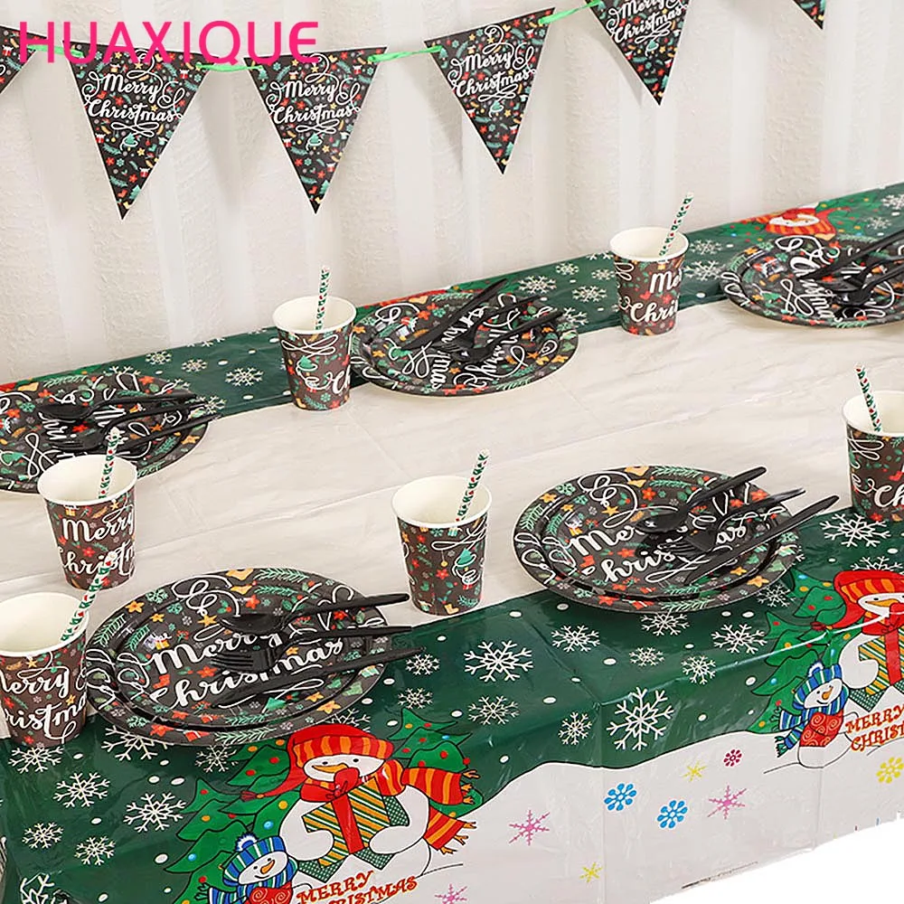 

Merry Christmas Disposable Party Tableware Sets Paper Plates Napkins Cups Happy Christmas Party Supplies New Year Decoration