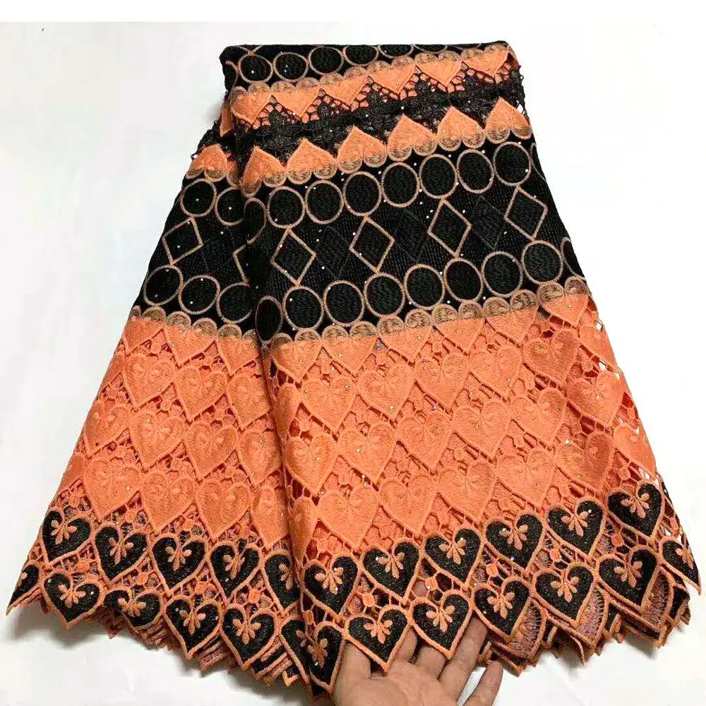 

Black and Orange african cord lace fabric 2020 high quality stones nigerian lace for Bridal Embroidery France guipure lace A2