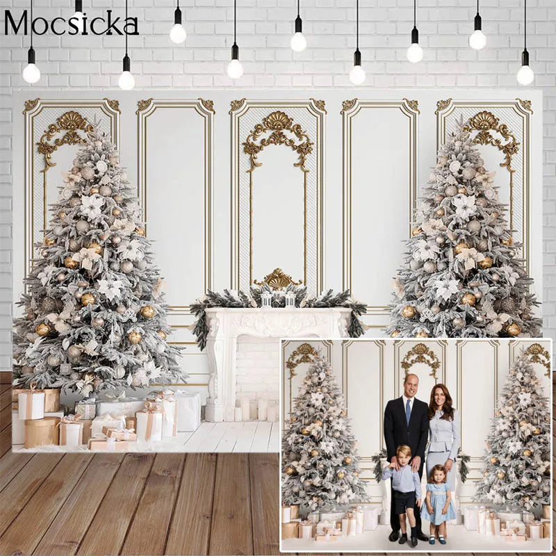 

Christmas Party Vintage Chic Wall Photography Backdrop Family Portrait Shooting Xmas Tree Fireplace Background Photo Studio Prop