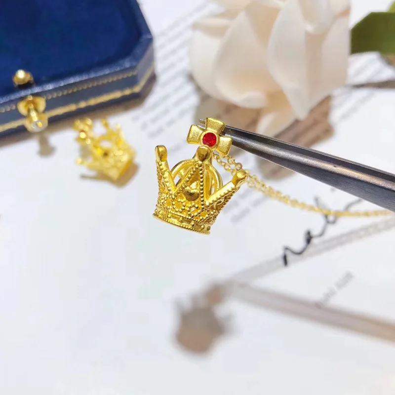 

Luxury Female Red Zircon Pendant Necklace Yellow Gold Color Chain Necklaces For Women Cute Bride Crown Cross Wedding Necklace