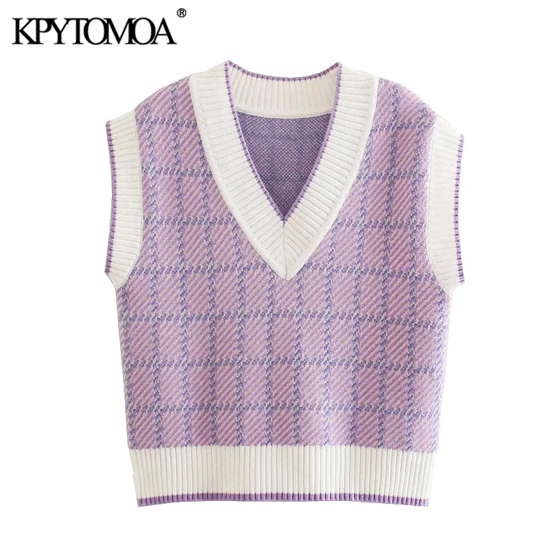 

KPYTOMOA Women 2021 Fashion Ribbed Trims Check Loose Knitted Vest Sweater Vintage V Neck Sleeveless Female Waistcoat Chic Tops