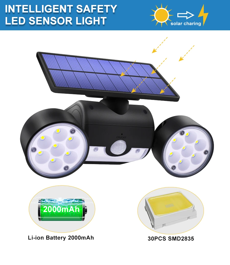 

30LED Solar Light Dual Head Solar Lamp PIR Motion Sensor Spotlight Waterproof Outdoor Adjustable Angle Lights For Garden Wall