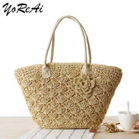 yoreai women handbag summer beach bag rattan woven handmade knitted straw large capacity totes leather women shoulder bag new