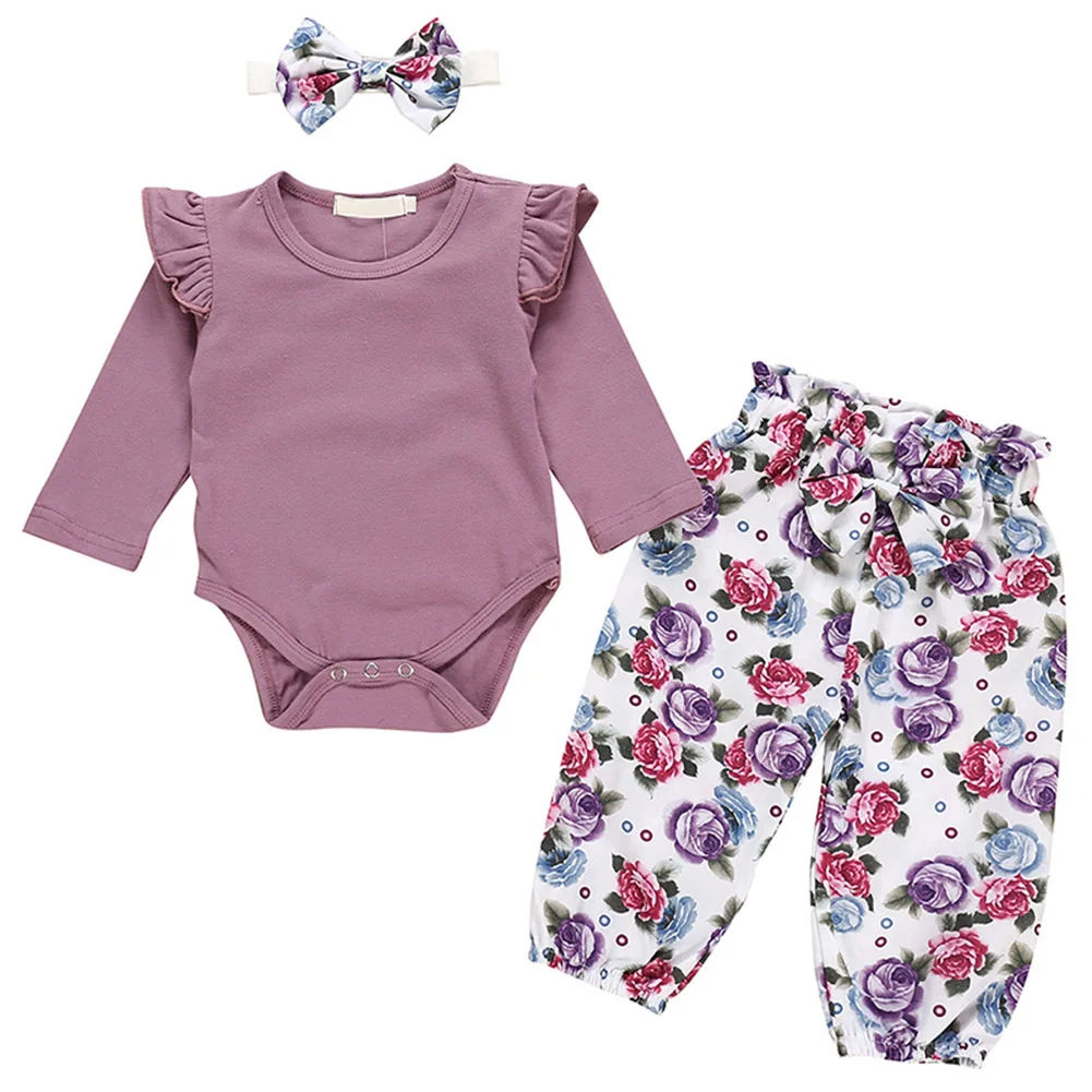 

Новый Повседневный хлопковый костюм из трех предметов для девочек, фиолетовые брюки с длинным рукавом и цветочным принтом, одежда для мален...