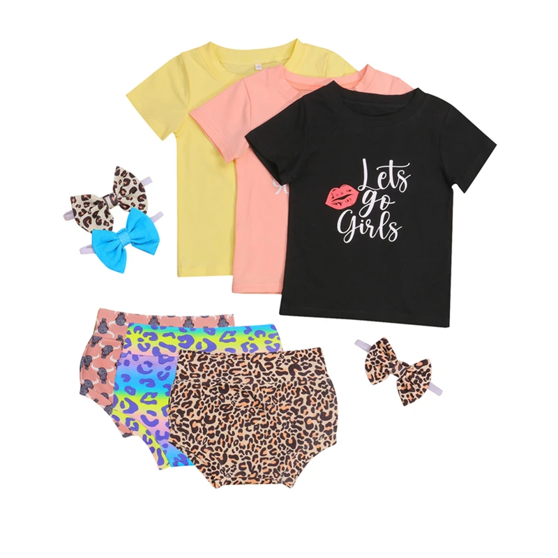 

2021 Girls Outfit Set Summer Sweet Short Sleeve Round Collar Letter Top + Leopard Print/Printing Shorts + Bow Headwear