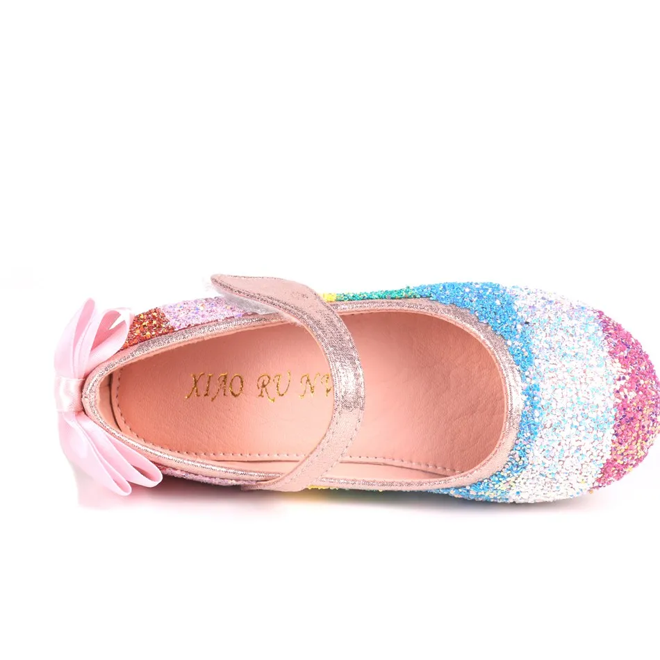 Girl Rainbow Glitter Wedding Party Mary Jane Shoes Kid Bowknot Back Slip on Ballerina Flats Children Bridesmaids Heel Pump |