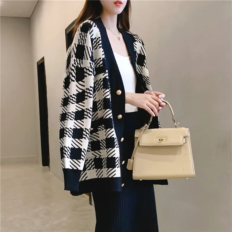 SINGRAIN Новинка женские вязаные Длинные кардиганы модные клетчатые топы с рисунком