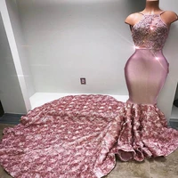 real image dusty rose flowers train mermaid prom dresses 2020 sexy halter neck beads lace prom evening gowns