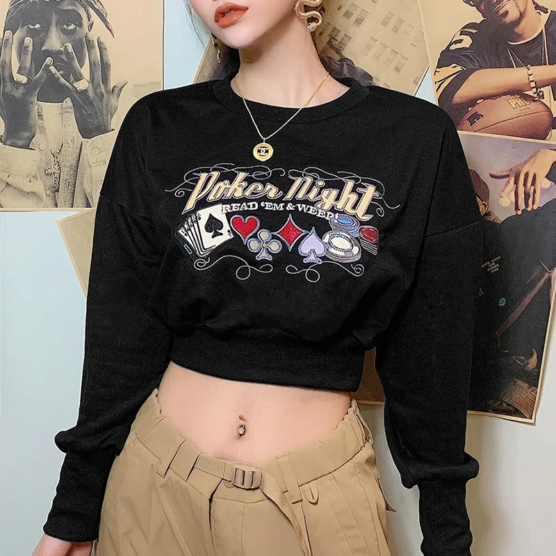 

Autumn Ladies Casual Round Collar Hoodies Women Creative Poker Letter Embroidery Long Sleeve Midriff-baring Tops Slim Base Shirt