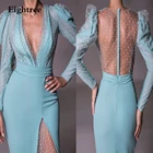 Современные небесно-голубые Короткие вечерние платья в горошек без рукавов с V-образным вырезом Вечерние платья с длинным рукавом с Боковым Разрезом Африканское вечернее платье Дубая