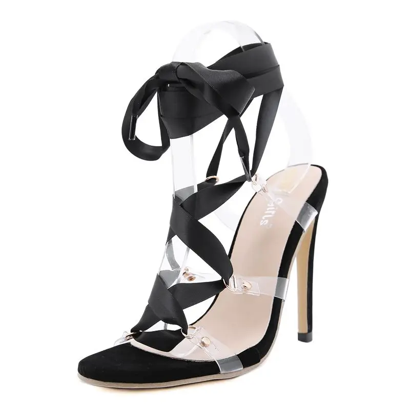 

Bandage Shoes Women Sexy Sandals For Women Open toe Black Strap Cross High Heel Sandals Wedding Dress Shoes Size 35-42