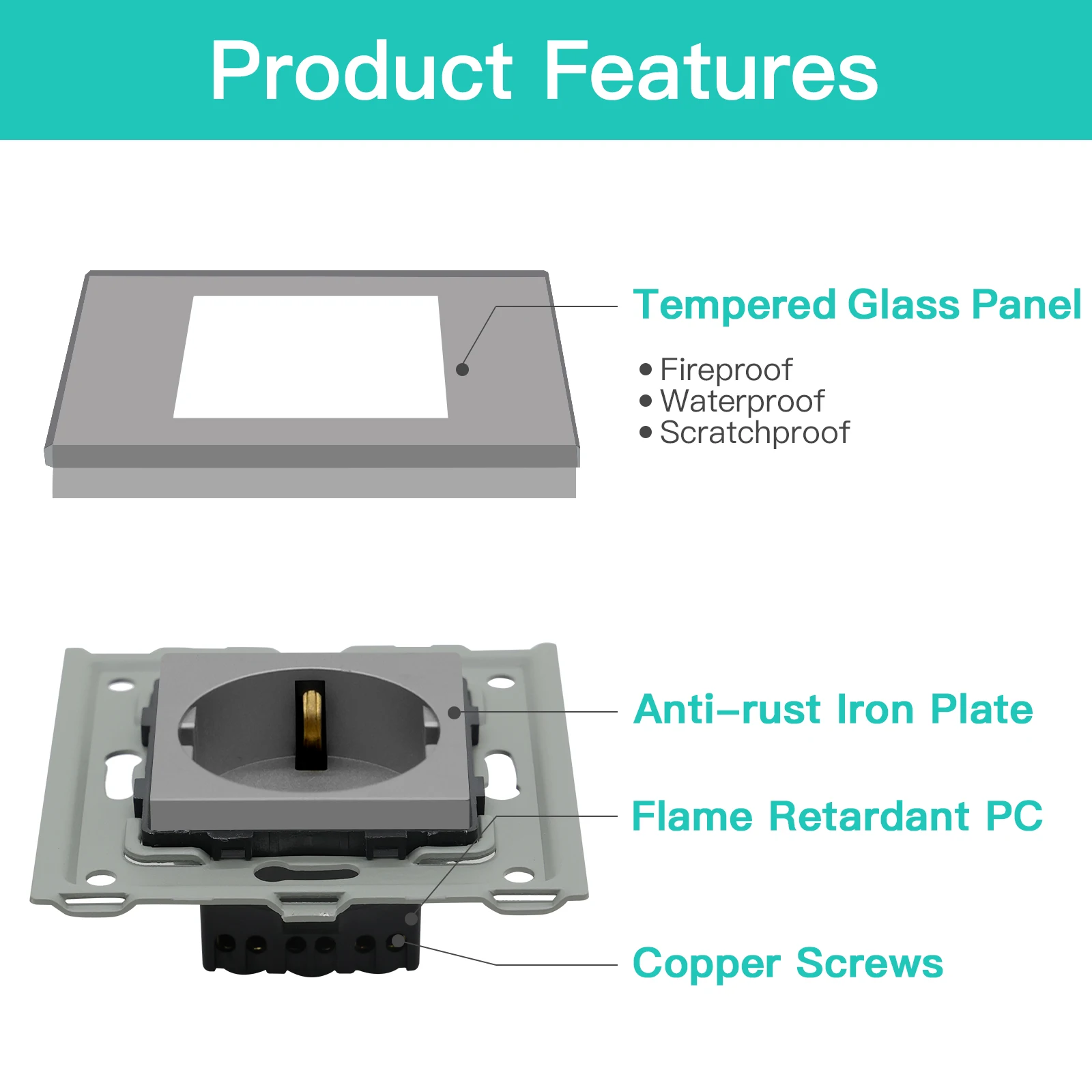 Электрическая розетка из закаленного стекла 16 А 4 цвета |