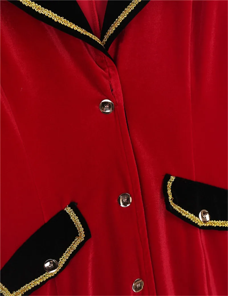 2Pcs Women Halloween Cosplay Pirate Costume Lapel Collar Long Sleeves Gold Braid Trimmings Button Down Long Jacket Coat+ Belt