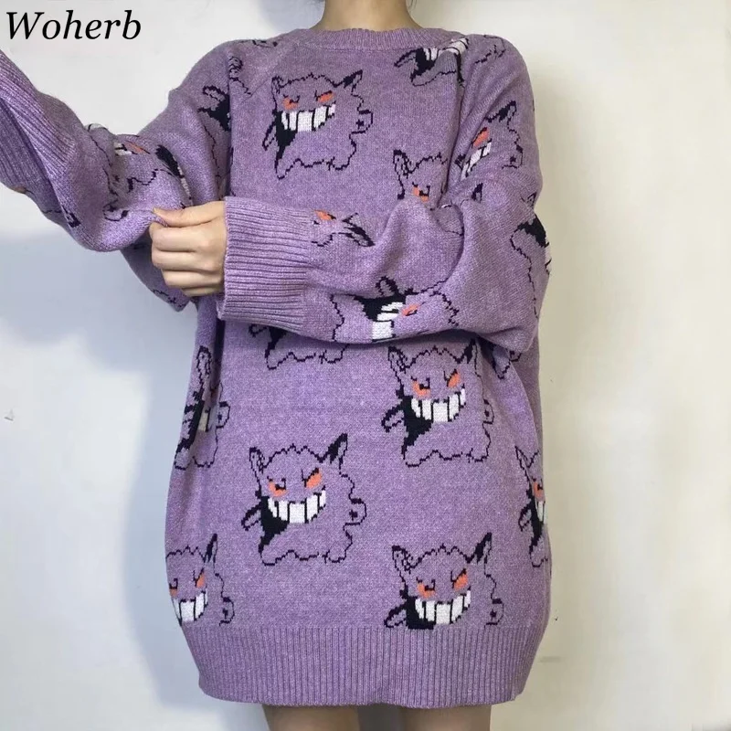 Woherb Anime Sweater Women Harajuku Pattern Pullover Loose Korean Style Autumn Winter Warm Knitted Jumper Woman Sweaters | Женская
