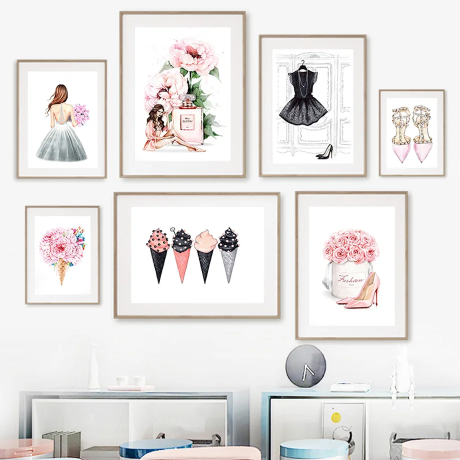 

Paris Tower Girl Skirt Heels Rose Perfume Vogue Wall Art Canvas Painting Nordic Posters And Prints Wall Pictures For Living Room