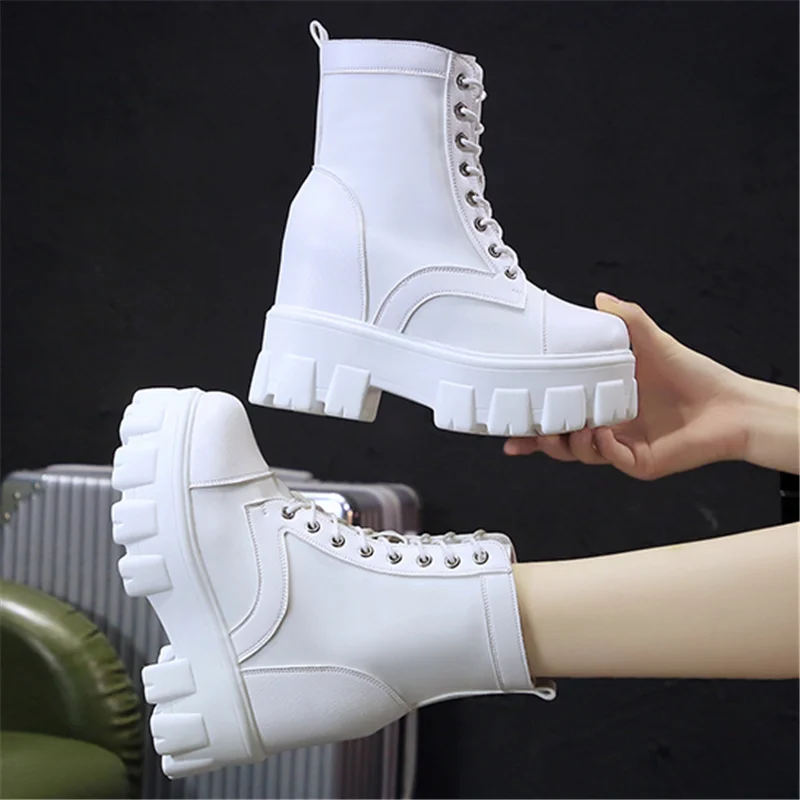 

2020 High quality Ankle Boots Round toe Women Boots Lace Up platform Internal increase boots Woman botas mujer motorcycle boot