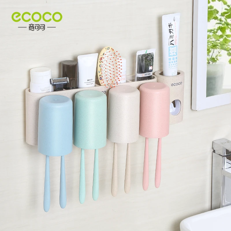 Настенный держатель для зубных щеток ECOCO из пшеничной соломы 2/3/4 чашек семейный