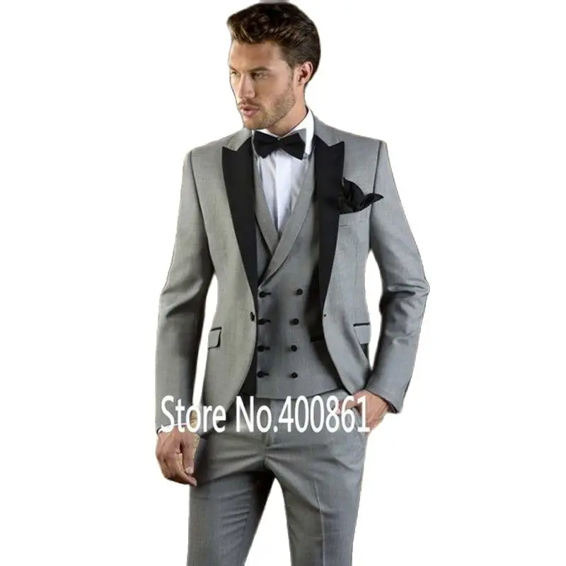 3 Piece Slim Fits Groom Tuxedos Light Grey Men's Evening Dress Prom Toast Business Suit Customize (Jacket+Pants+Vest+Tie) K:151