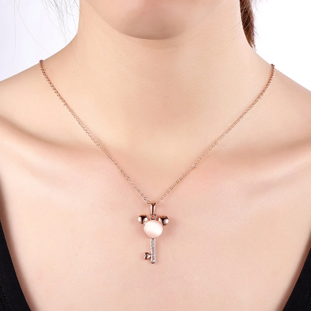 

TN005 Romantic Bear Key 925 Sterling Silver Pendent Necklace Rose Gold Plated Female