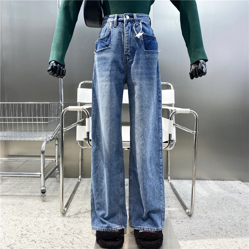 

New Brand Original Design Personalized Fashion Wear Out High Waist Wide Leg Jeans Retro Versatile Loose Casual Straight Pants