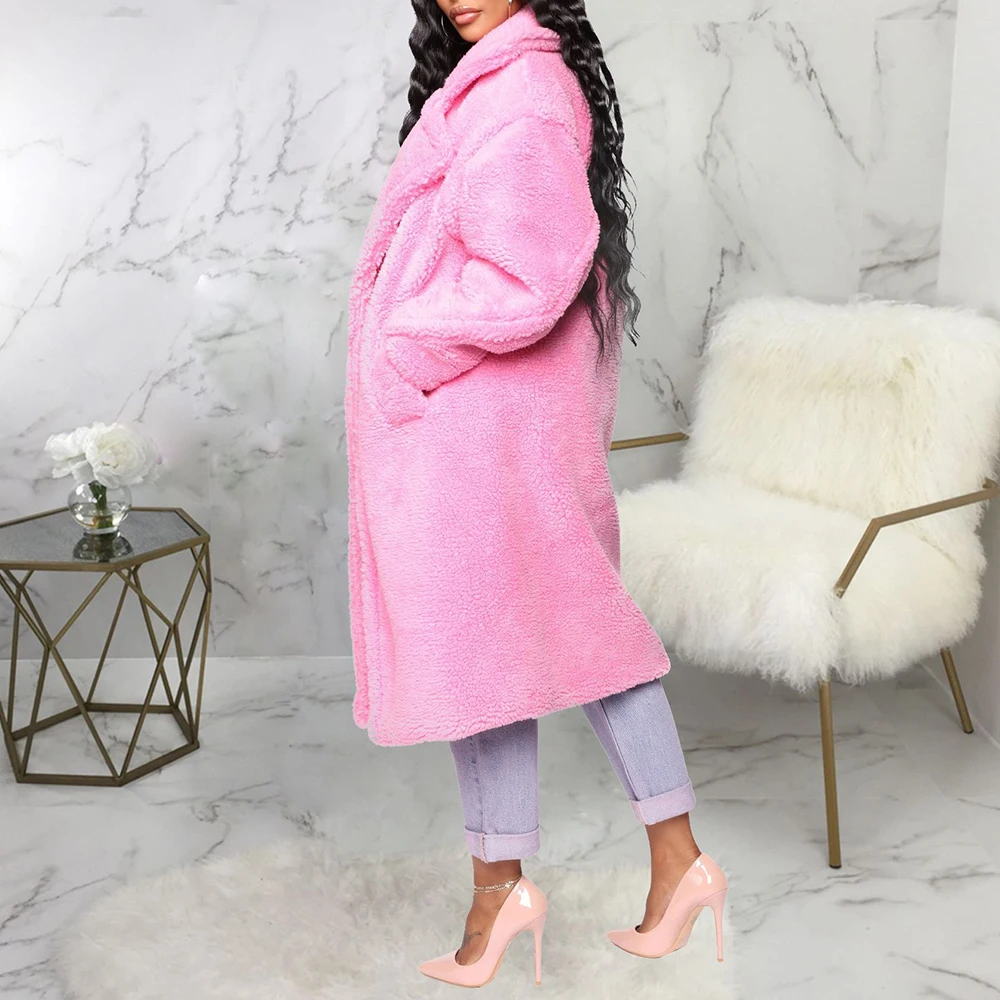 Розовая длинная плюшевая куртка пальто для женщин зима 2019 толстая теплая верхняя