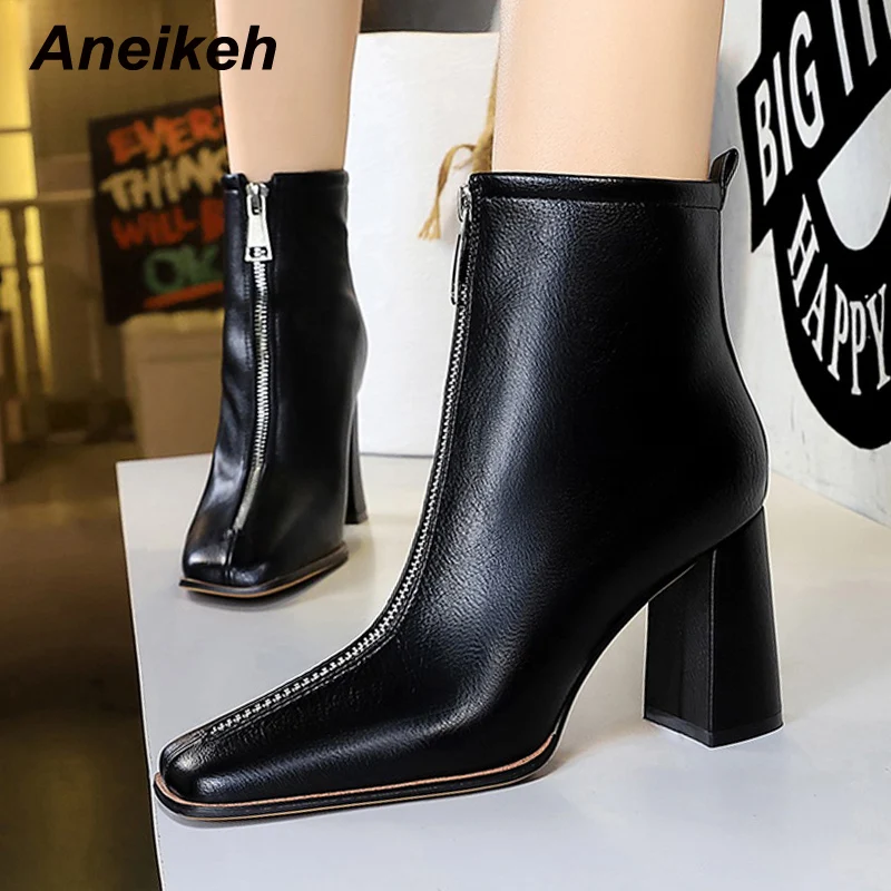 

Aneikeh Sexy PU Texture Winter Shoes For Women 2021 Sewing Square Heel Non-Slip Platform Boots Pointed Toe Nightclub Booties ZIP