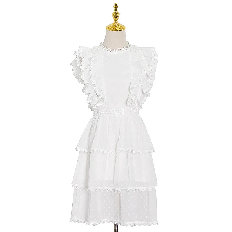 

2021 Summer New Splicing Lace Fashion Short Dress Sikud Ccolor High Waist Sleeveless O-neck A-line Dress F057