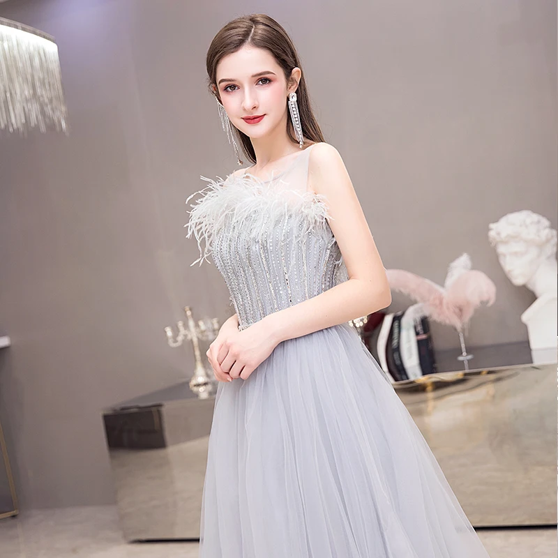 

Gray Feather Prom Dresses Long 2020 Elegant O-neck Sleeveless A-line Floor-length Handmade Beading Evening Gowns For Birthday