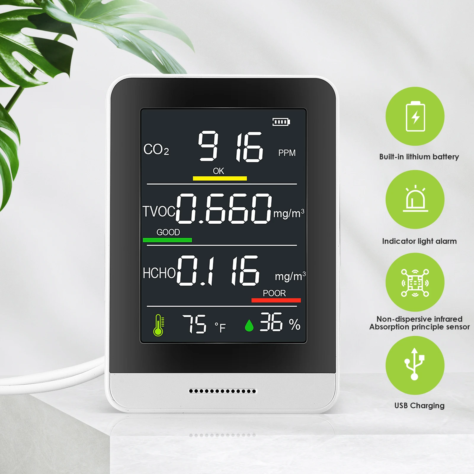 

Air Quality Monitor Air Quality Accurate Tester For CO2 Formaldehyde(HCHO) TVOC Humidity And Temperature Color Screen For Home