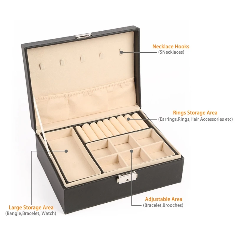 

N0HE Leather Double Layer Jewelry Box With Wooden Frame Women Cosmetics Storage for Rings Necklace Earrings Bracelets