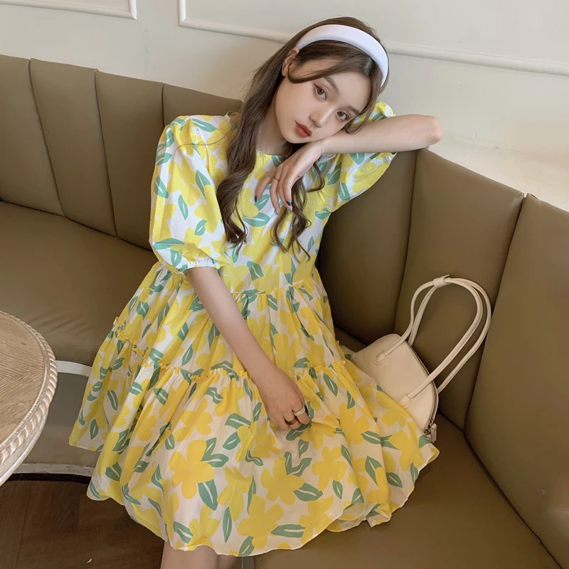 

Chic Casual Fashion New Temperament Robe O-neck Korean Printed Yellow Puff Sleeve Loose Mid-length Dress Female Summer 2021