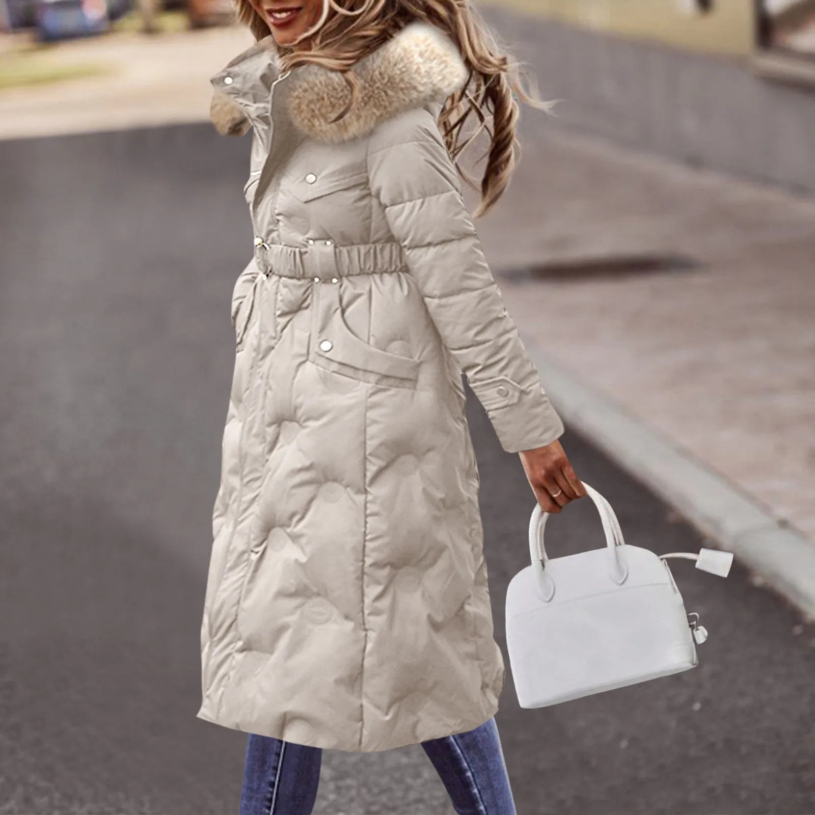 Hooded Women's Winter Down Parka Padded Jacket Slim Waist Belt Mid-Length Solid Color Coat Jacket Outdoor Warm Casual Parkas
