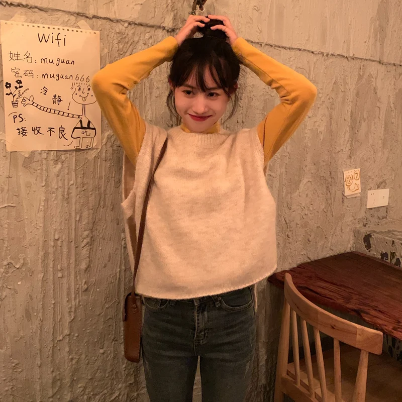 3 colors 2019 autumn and winter preppy style sleeveless vest sweater side split solid color knitted womens (C9346) |