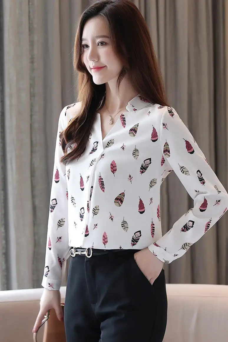 

New Long Sleeve Women's Blouse Feather Print V-neck Chiffon Comfortable Casual Blouses Fashion Top Summer Shirt