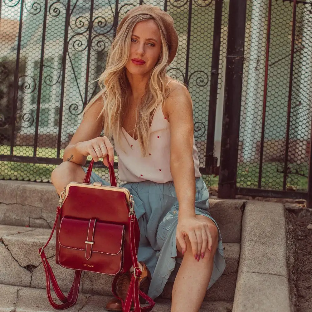 ECOSUSI 10.6 Inch Backpack Women Bags PU Leather Bucket Shoulder Bag Retro Travel Handbag Vintage Brand 2019 | Багаж и сумки