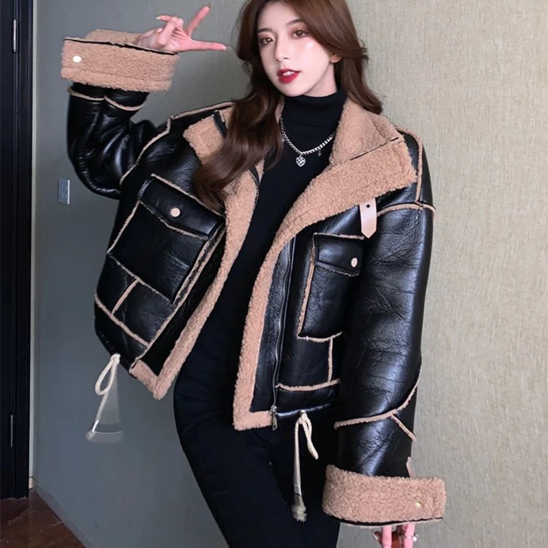 Send within 24 Hours Korean Lamb Fur Loose Short Fur PU Leather Tooling Cotton Jacket Warm Parkas Black Women's Sheepskin Coat