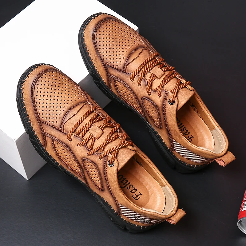 Туфли мужские дышащие кожаные сетчатые лоферы повседневная обувь для вождения