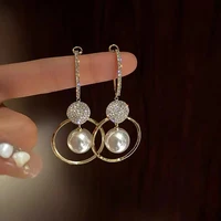 korean new fashion oversized white pearl drop earrings for women bohemian golden round zirconia wedding earrings jewelry gift