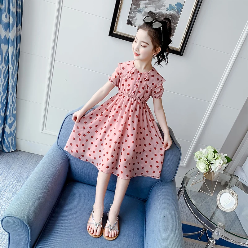 

Short-sleeved Lapel Dress Girls Summer Small Dot Casual Dress 2021 Teenagers And Children's Clothing 3-13 Years Old Suit