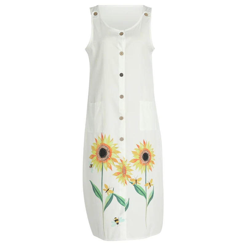 

Women\u2019s Button Down Midi Dress Sleeveless V Neck Floral Print Loose Dress with Pockets