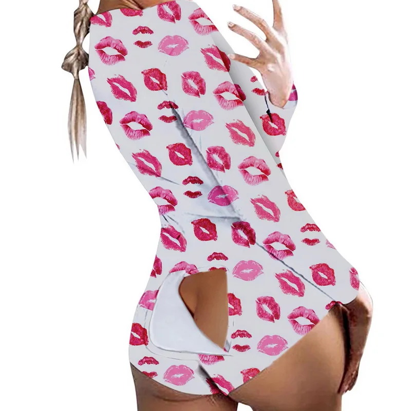 

Print Bodysuits Sexy Women Buttoned Flap Hip Long Sleeve Nightwear Playsuit Romper Pajamas Women Jumpsuit Overalls
