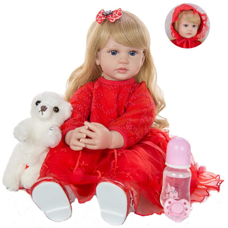 

Baby Reborn Doll Blonde Girl Long Hair Princess Dress Red Blue Eyes Silicone Body